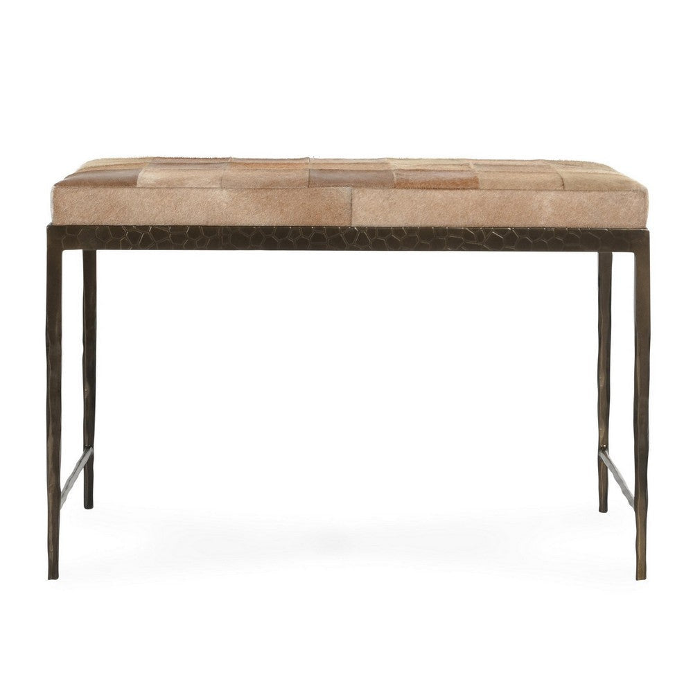 Leif Ottoman Bench with Brown Patchwork Leather Hide Iron 28 Inch BM331916