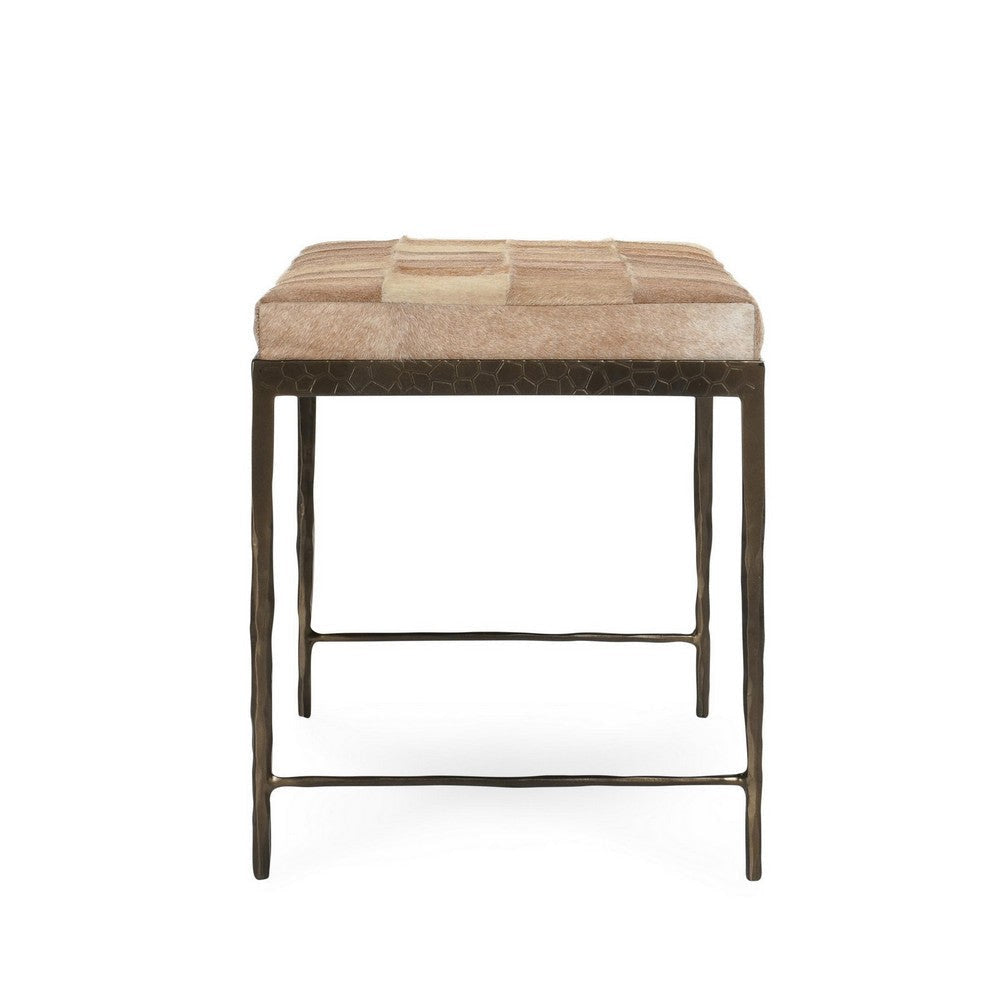 Leif Ottoman Bench with Brown Patchwork Leather Hide Iron 28 Inch BM331916