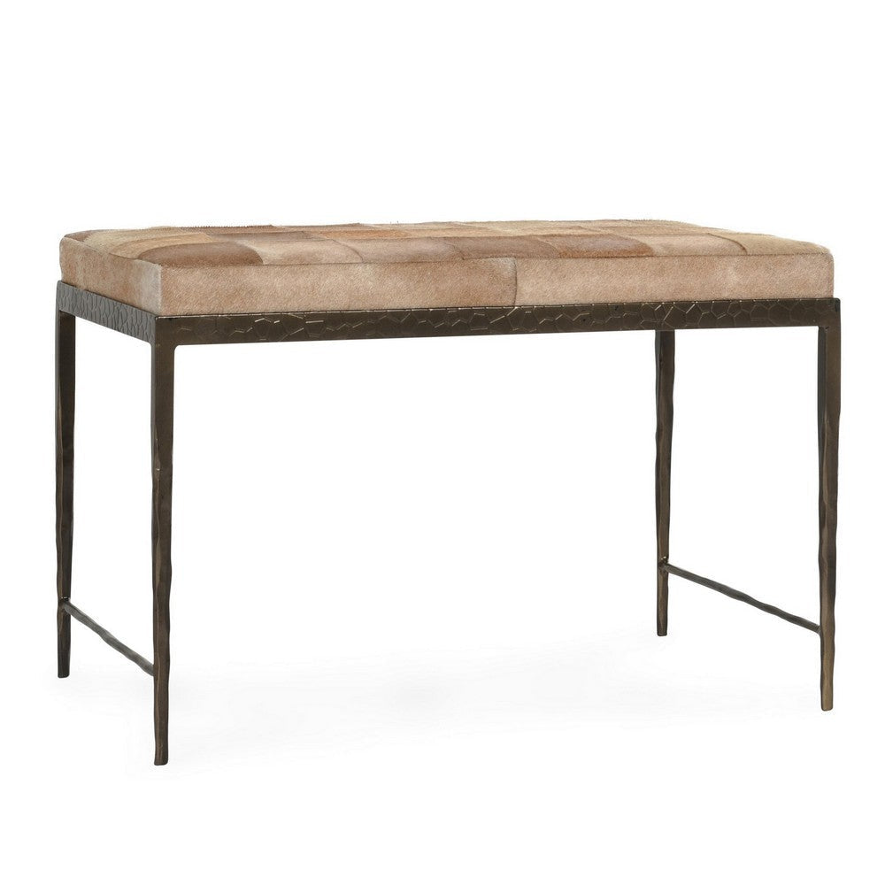 Leif Ottoman Bench with Brown Patchwork Leather Hide Iron 28 Inch BM331916