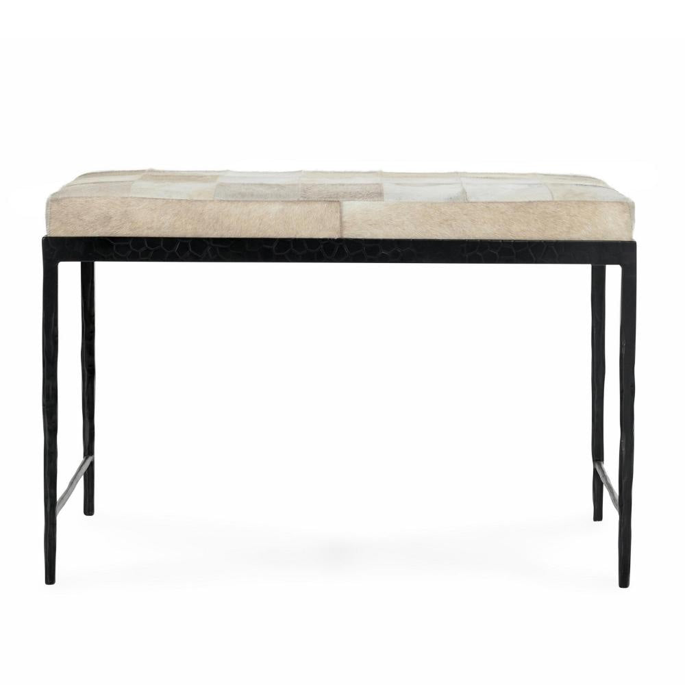 Leif Ottoman Bench with Ivory Patchwork Leather Hide Iron 28 Inch