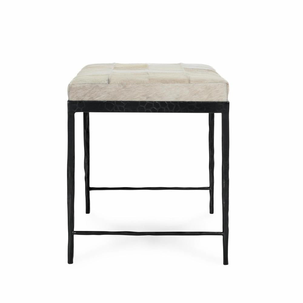 Leif Ottoman Bench with Ivory Patchwork Leather Hide Iron 28 Inch