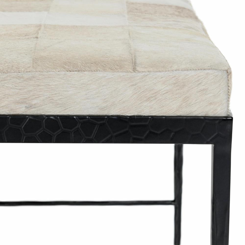 Leif Ottoman Bench with Ivory Patchwork Leather Hide Iron 28 Inch