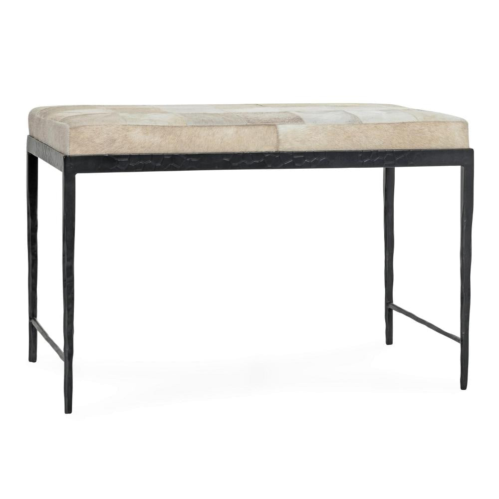 Leif Ottoman Bench with Ivory Patchwork Leather Hide, Iron 28 Inch