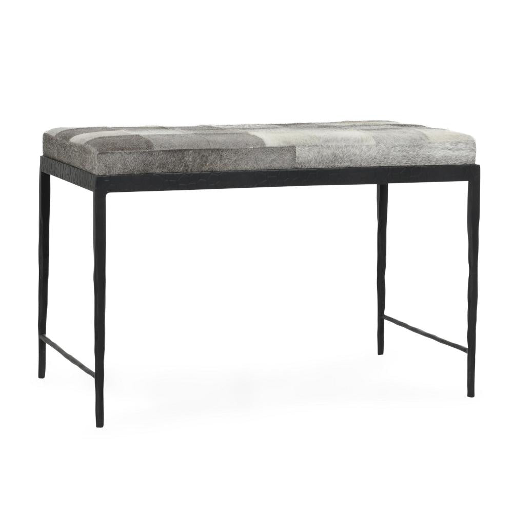 Leif Ottoman Bench with Gray Patchwork Leather Hide, Iron 28 Inch