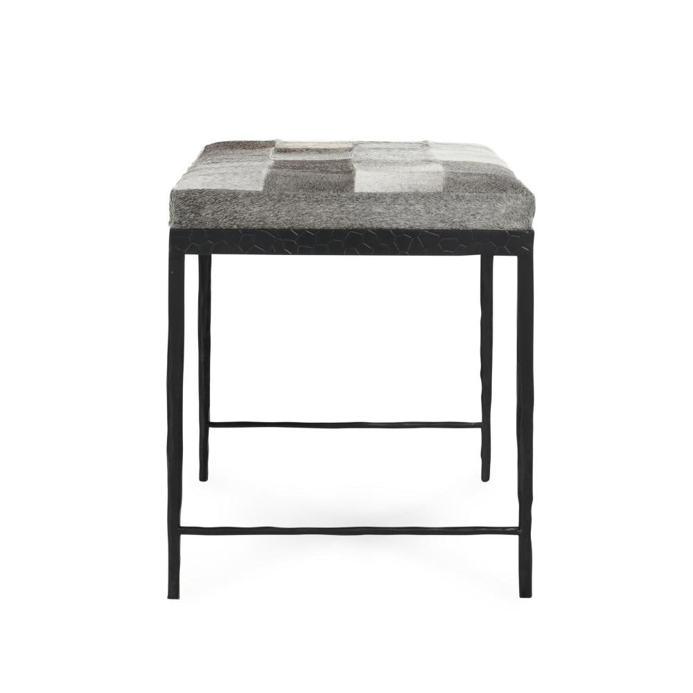 Leif Ottoman Bench with Gray Patchwork Leather Hide Iron 28 Inch