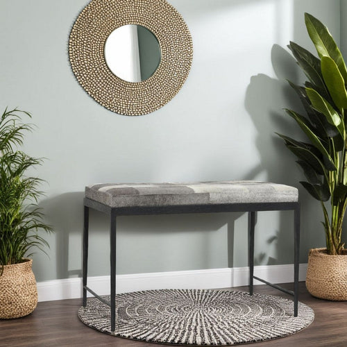 Leif Ottoman Bench with Gray Patchwork Leather Hide, Iron 28 Inch
