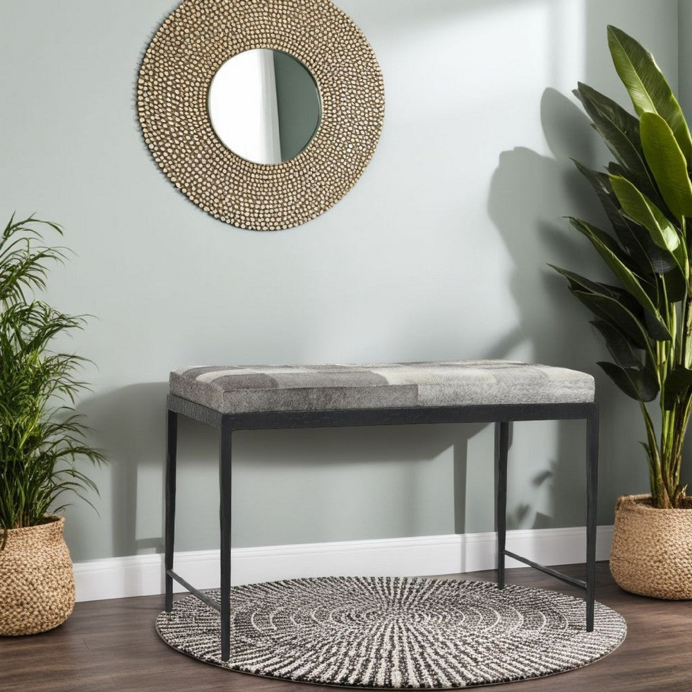 Leif Ottoman Bench with Gray Patchwork Leather Hide, Iron 28 Inch