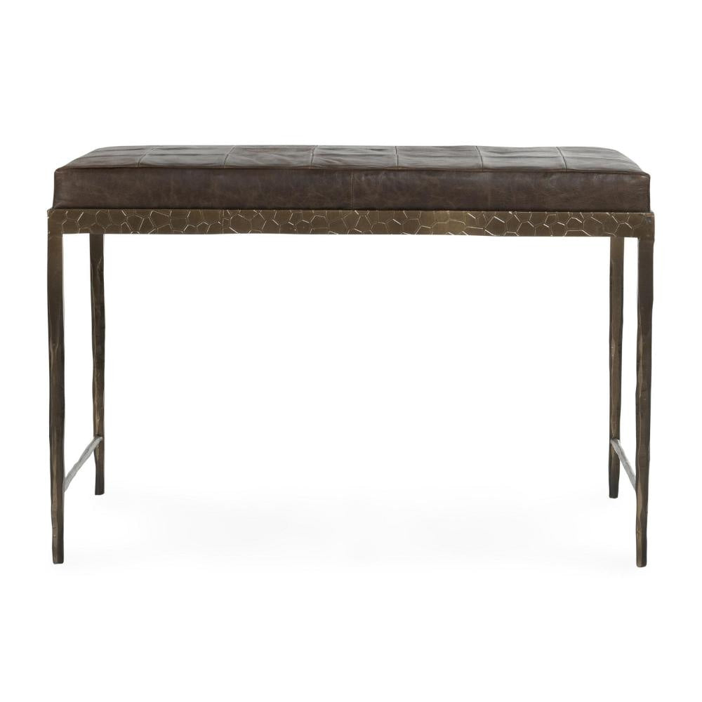 Jora Ottoman Bench Patchwork Cocoa Brown Leather Bronze Iron 28 Inch