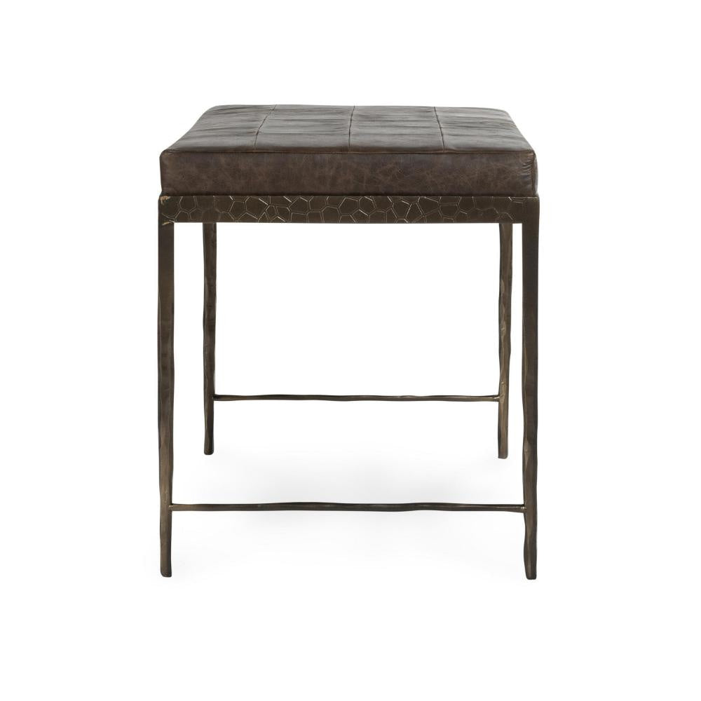 Jora Ottoman Bench Patchwork Cocoa Brown Leather Bronze Iron 28 Inch