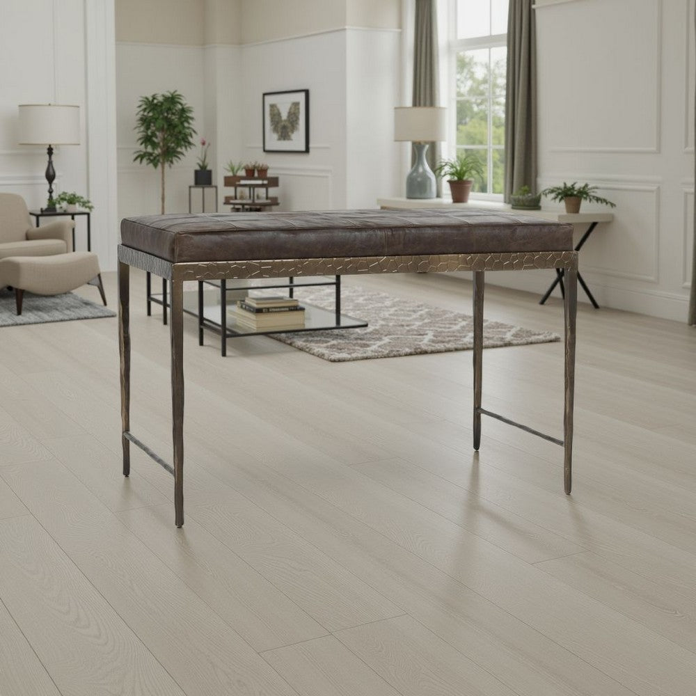 Jora Ottoman Bench Patchwork Cocoa Brown Leather Bronze Iron 28 Inch