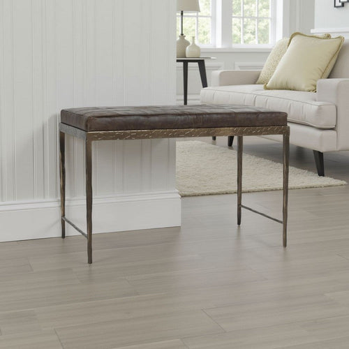 Jora Ottoman Bench, Patchwork Cocoa Brown Leather, Bronze Iron 28 Inch