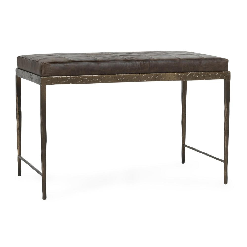 Jora Ottoman Bench, Patchwork Cocoa Brown Leather, Bronze Iron 28 Inch