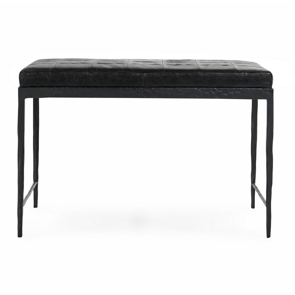 Jora Ottoman Bench with Black Quilted Patchwork Leather, Iron 28 Inch