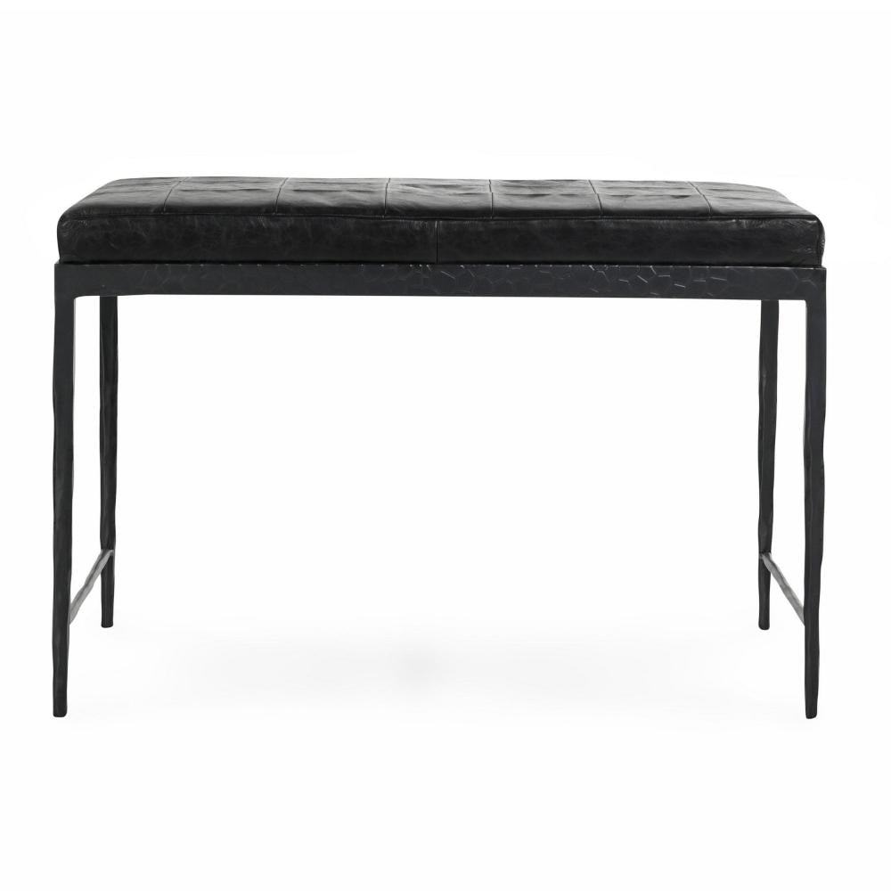 Jora Ottoman Bench with Black Quilted Patchwork Leather Iron 28 Inch