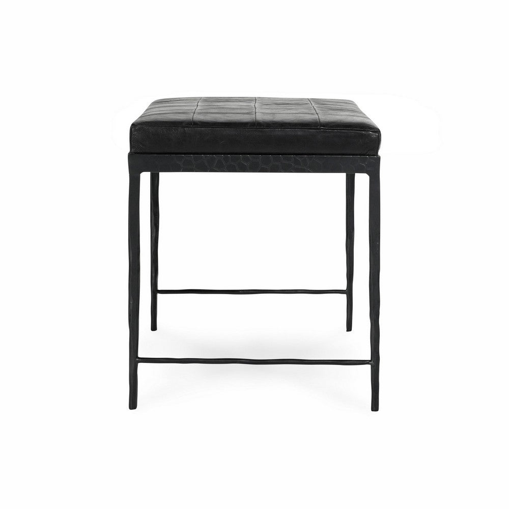 Jora Ottoman Bench with Black Quilted Patchwork Leather, Iron 28 Inch