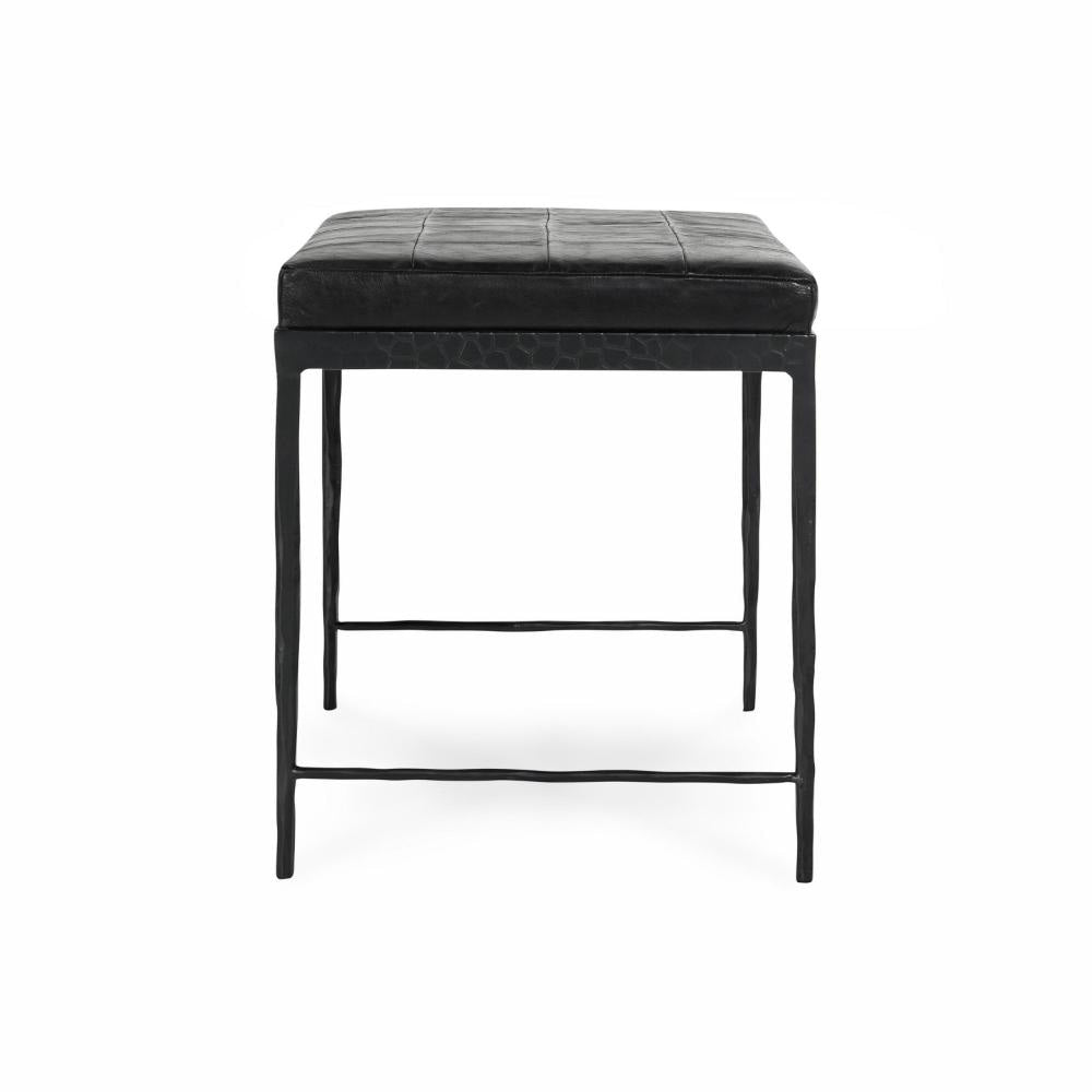 Jora Ottoman Bench with Black Quilted Patchwork Leather Iron 28 Inch