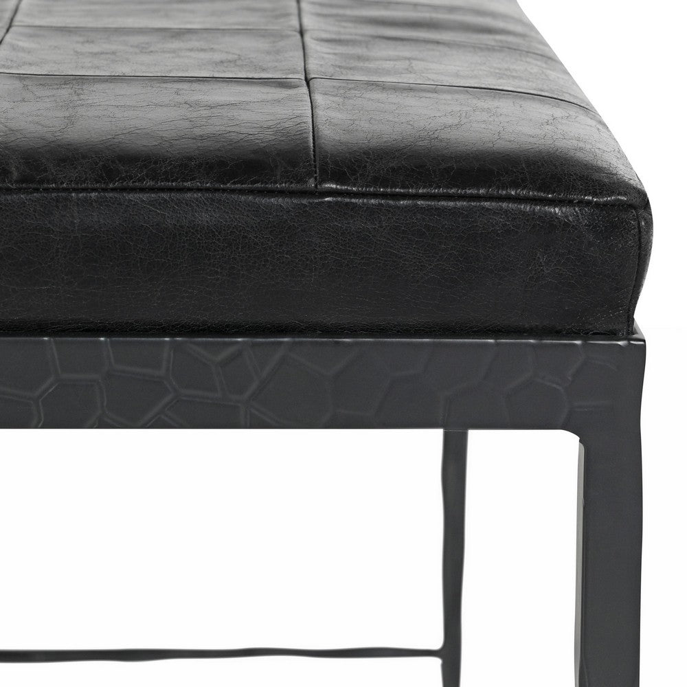 Jora Ottoman Bench with Black Quilted Patchwork Leather, Iron 28 Inch