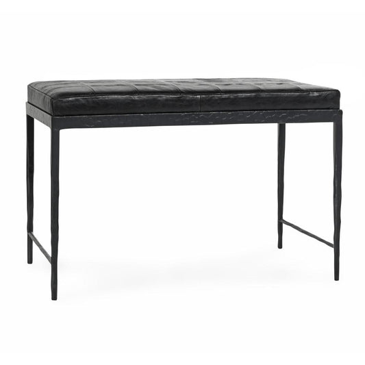 Jora Ottoman Bench with Black Quilted Patchwork Leather, Iron 28 Inch