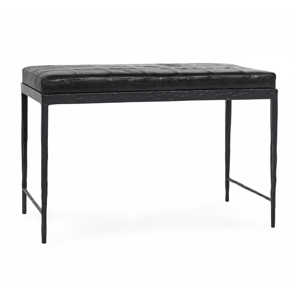 Jora Ottoman Bench with Black Quilted Patchwork Leather, Iron 28 Inch