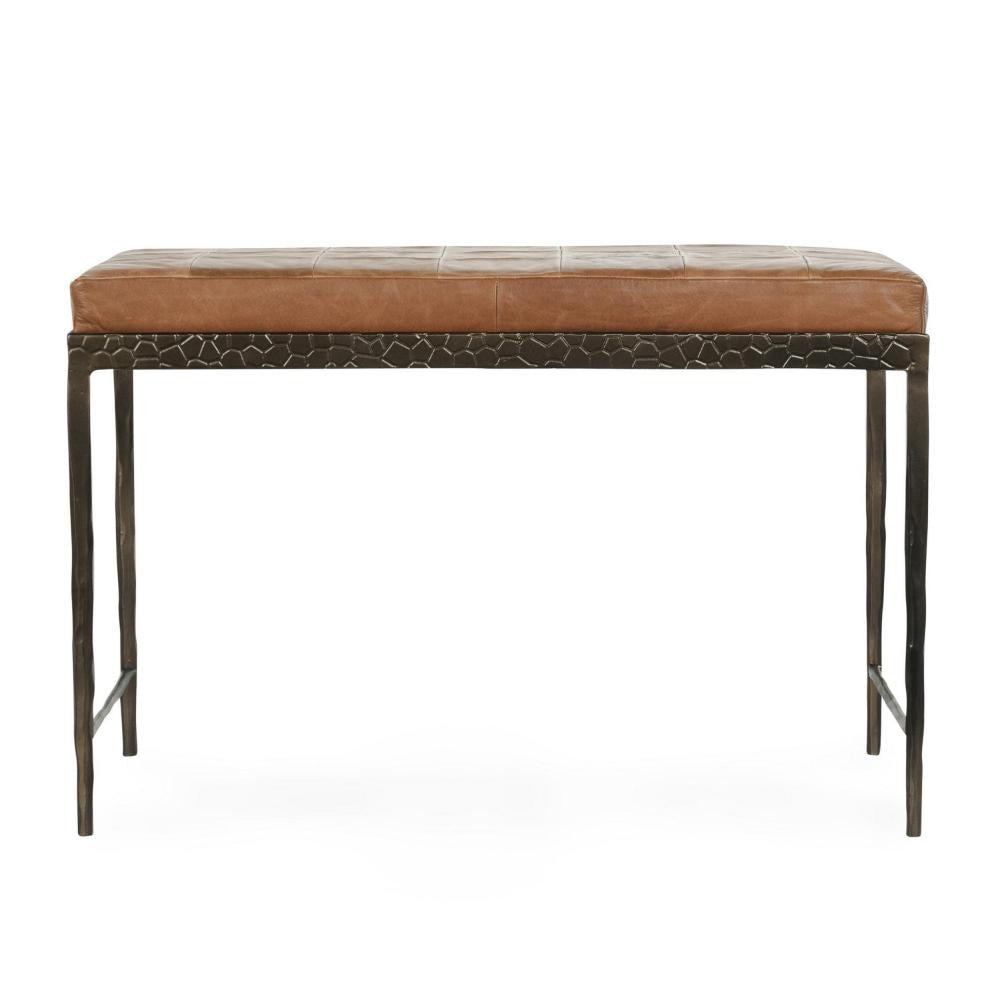 Jora Ottoman Bench Chestnut Brown Patchwork Leather Iron 28 Inch