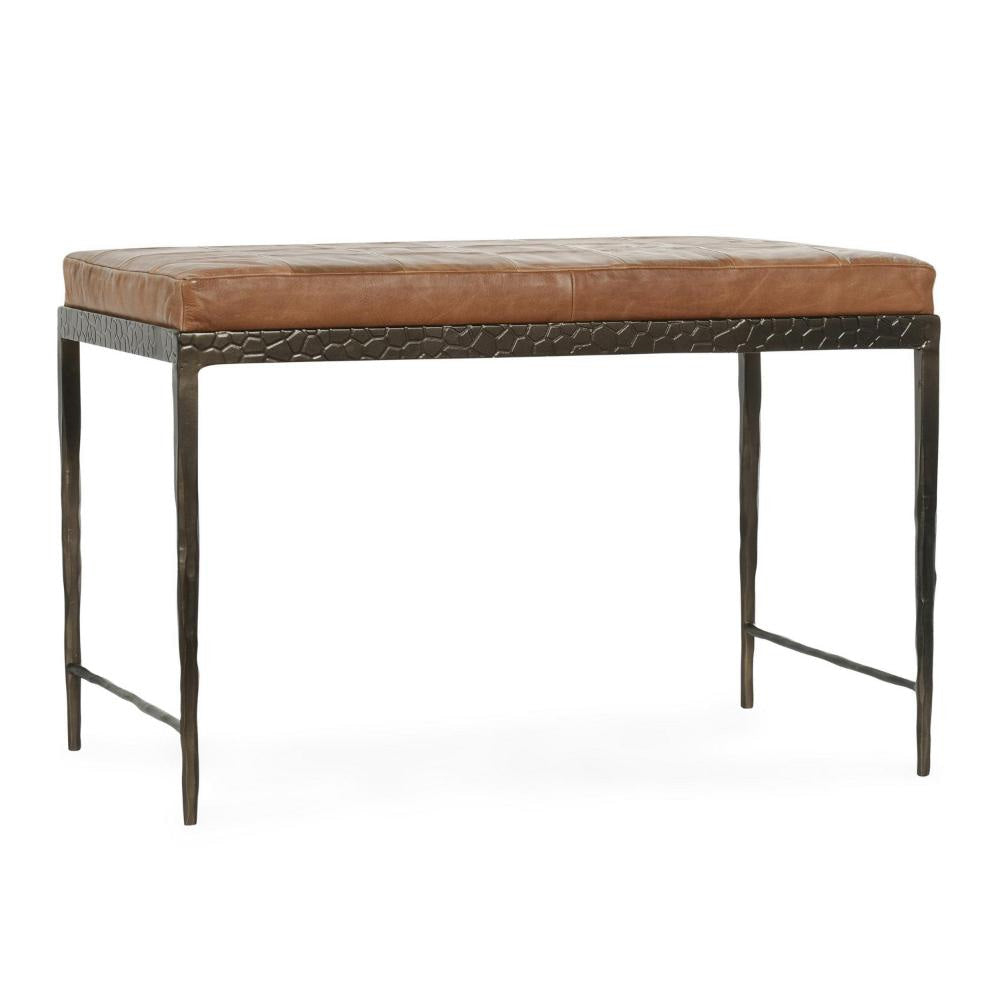 Jora Ottoman Bench, Chestnut Brown Patchwork Leather, Iron 28 Inch