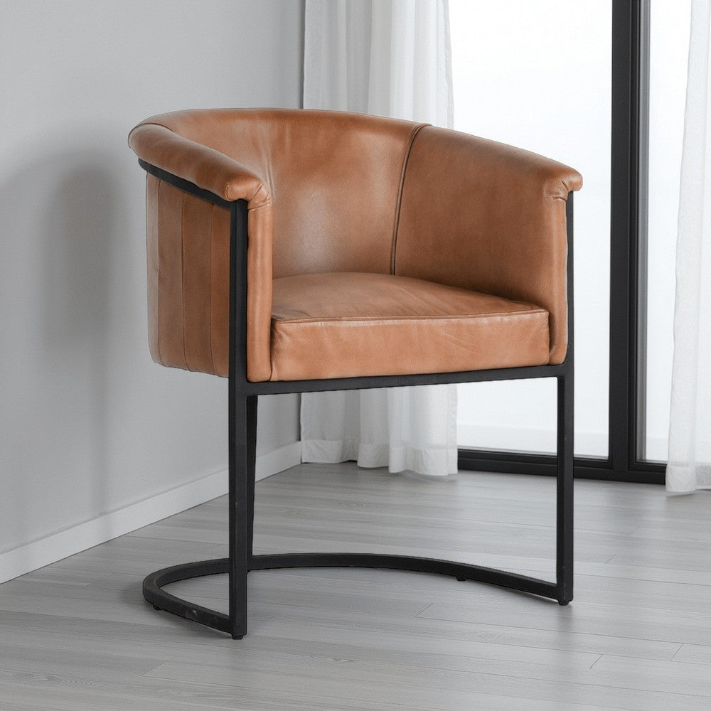 Marsh Dining Accent Chair Black Iron Cantilever Base Brown Leather BM331923