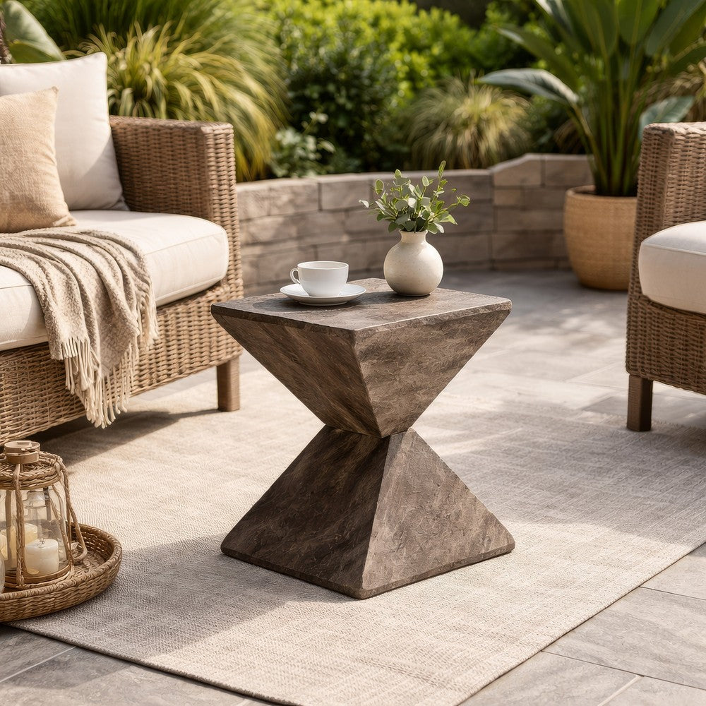 Esan Patio Accent Table in Geometric Hourglass, Brown Stone Concrete