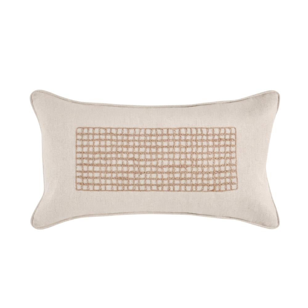 Lumbar Accent Throw Pillow, 14x26 Beige Cotton, Handwoven Brown Jute