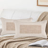 Lumbar Accent Throw Pillow, 14x26 Beige Cotton, Handwoven Brown Jute