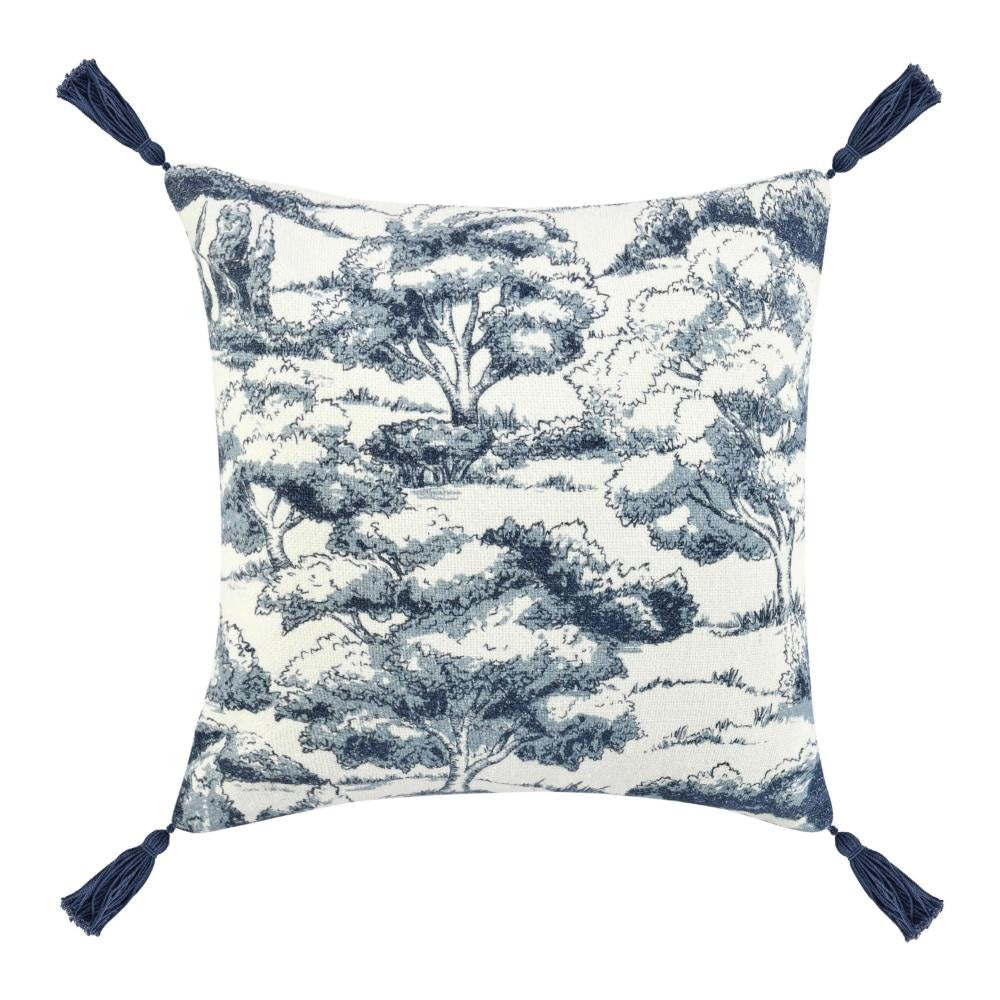 Wod Square Accent Throw Pillow, 22 Inch Blue Toile, Ivory Cotton Blend