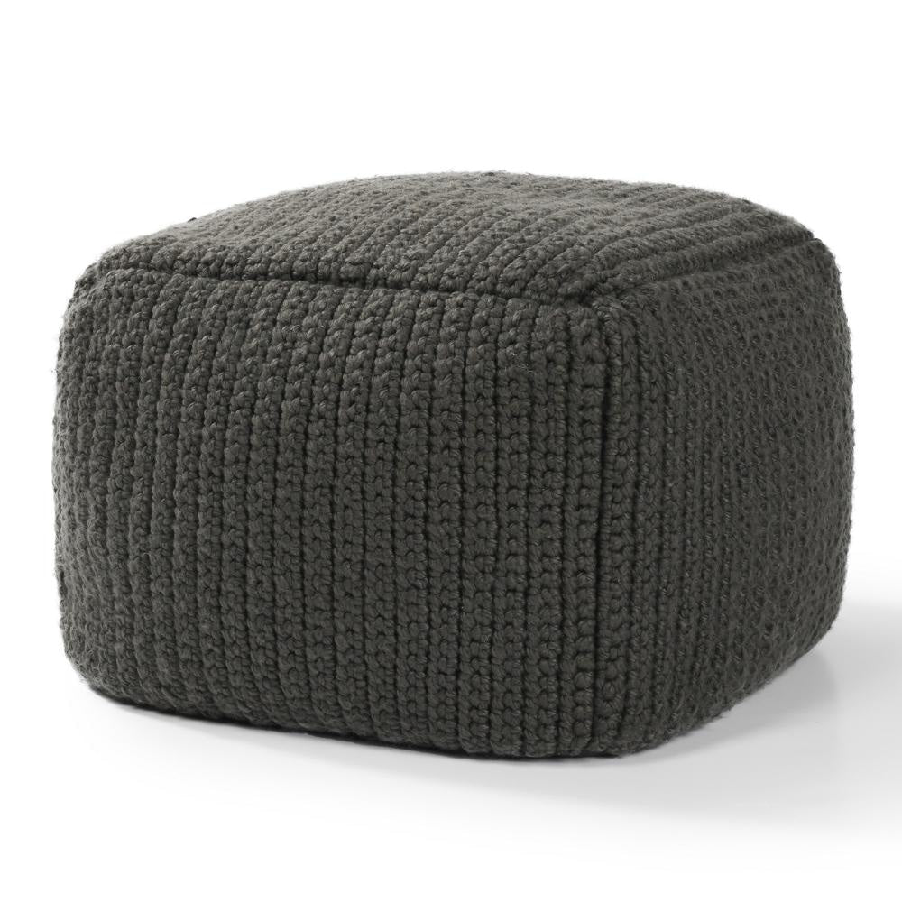 Square Pouf Ottoman 18 Inch Handwoven Knitted Dark Gray Polyester BM331943