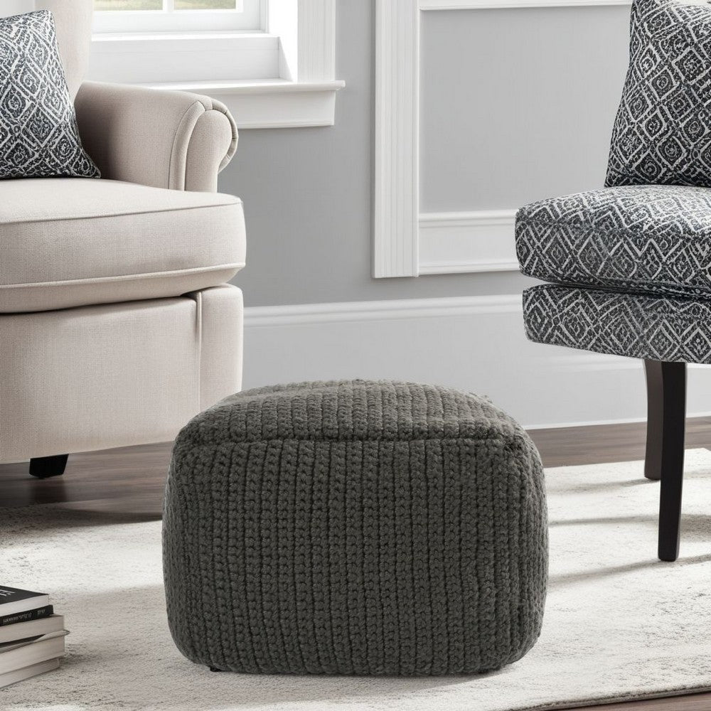 Square Pouf Ottoman, 18 Inch Handwoven Knitted Dark Gray Polyester