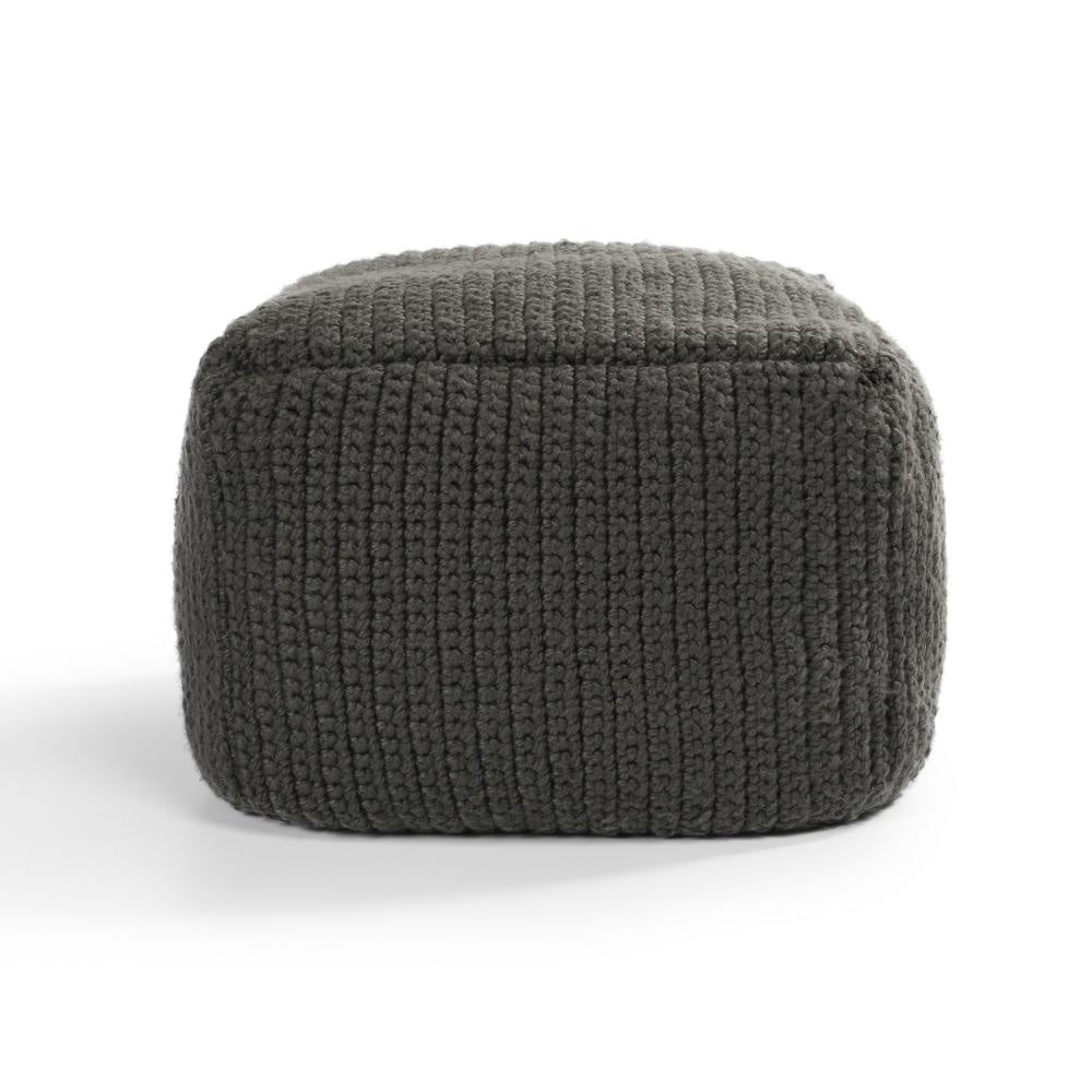 Square Pouf Ottoman, 18 Inch Handwoven Knitted Dark Gray Polyester