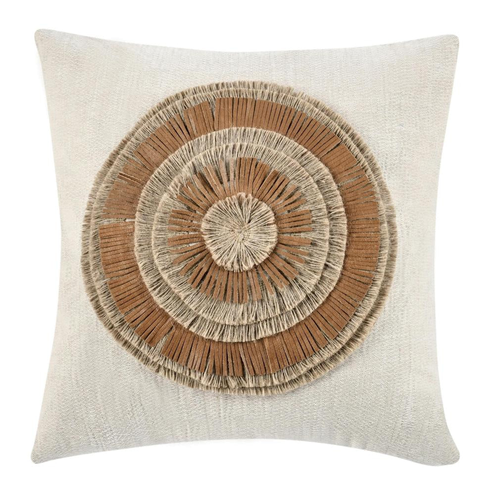 Square Accent Throw Pillow, 22 Inch Ivory Cotton, Brown Leather, Jute