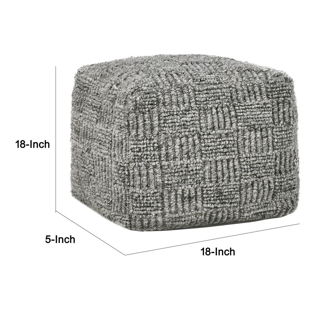 Slick Outdoor Pouf Ottoman, 18 Inch Handwoven Recycled Gray Fabric