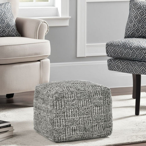 Slick Outdoor Pouf Ottoman, 18 Inch Handwoven Recycled Gray Fabric