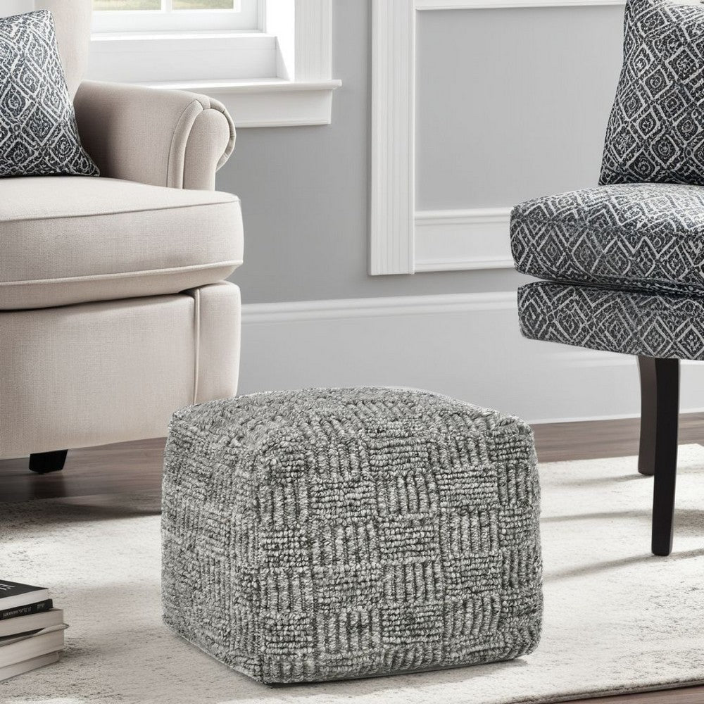 Slick Outdoor Pouf Ottoman, 18 Inch Handwoven Recycled Gray Fabric
