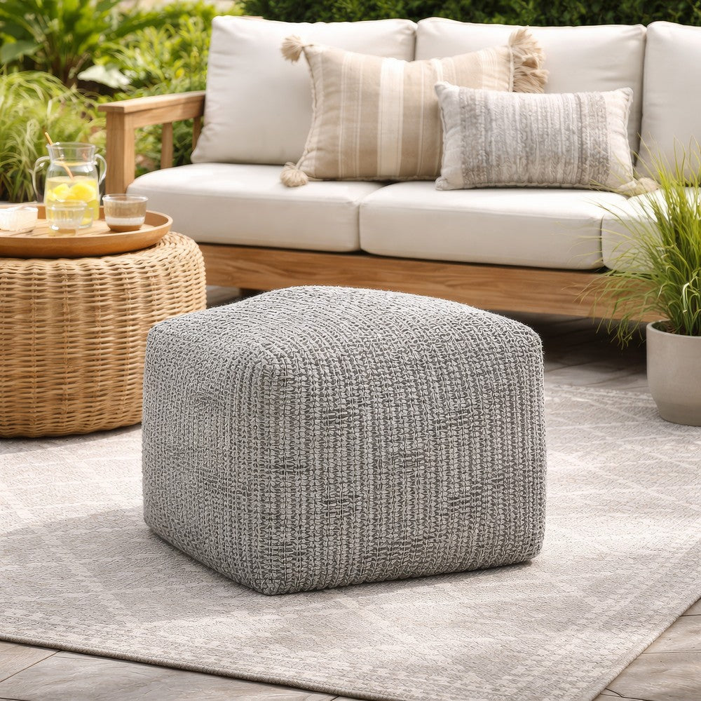 Slick Outdoor Pouf Ottoman, 18 Inch Handwoven Recycled Gray Fabric
