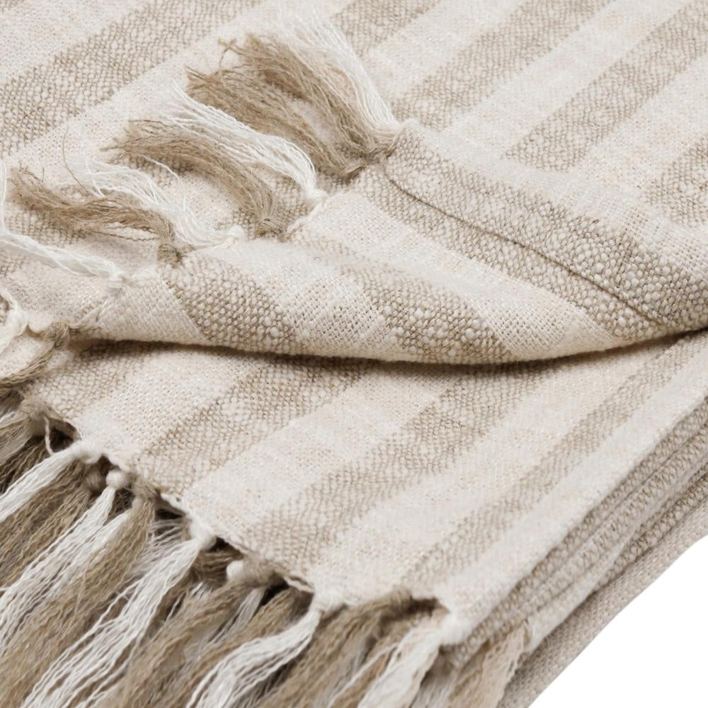 Rezza Throw Blanket 50x70 Ivory White Cotton Woven Stripes Tassels BM331980
