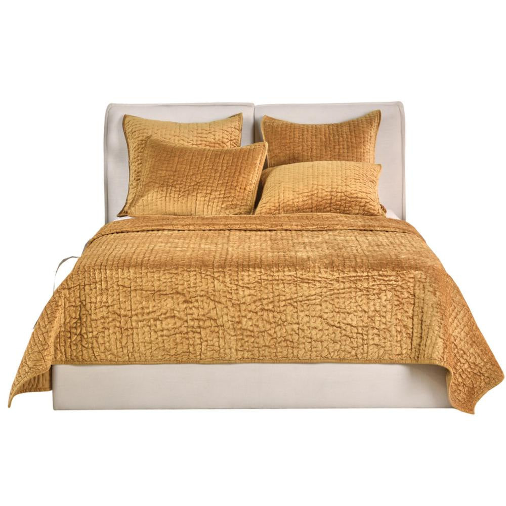 Romie King Kantha Quilt Hand-Stitched Honey Gold Rayon Velvet Cotton BM331981