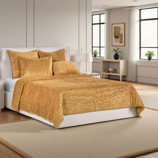 Romie King Kantha Quilt, Hand-Stitched Honey Gold Rayon Velvet, Cotton
