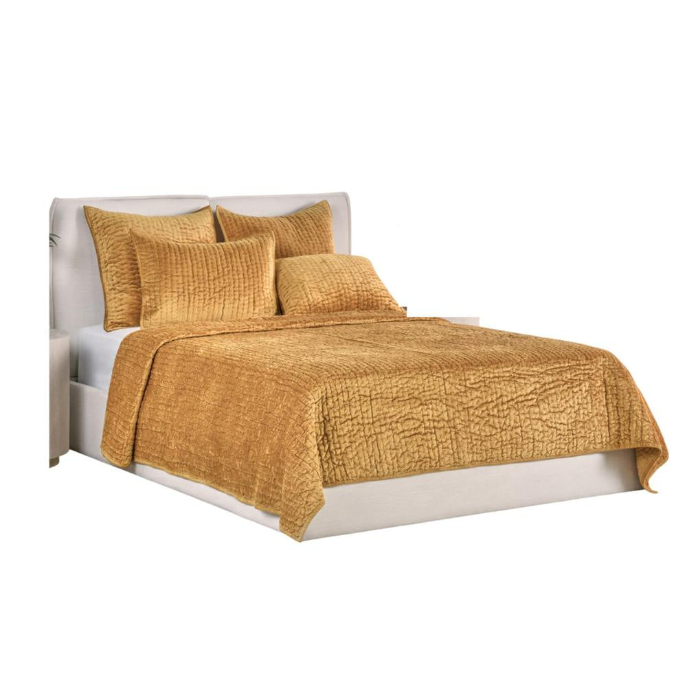Romie Queen Kantha Quilt, Hand-Stitched Honey Gold Rayon Velvet Cotton