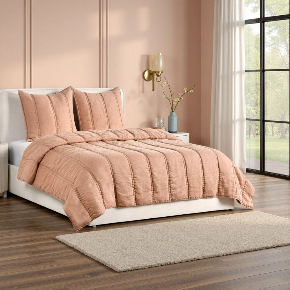 Rawi 3 Piece Queen Quilt Set, Channel Stitched Clay Ramie, Cotton