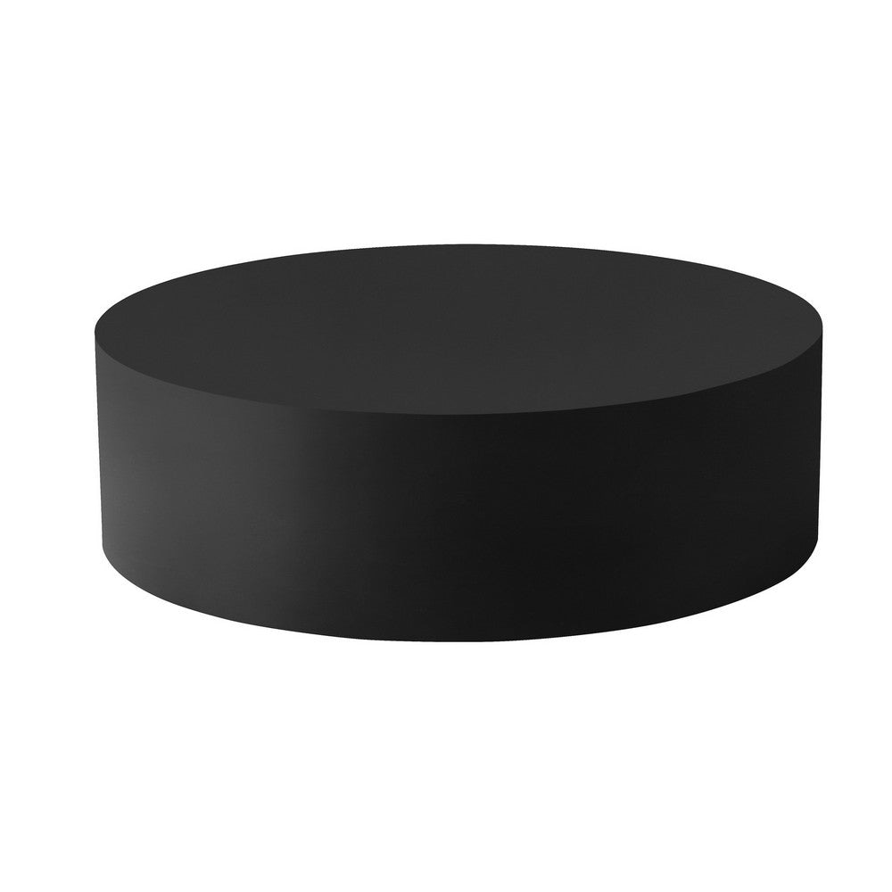 Rano Coffee Table, 40 Inch Round Black Iron Top, Modern Drum Shape