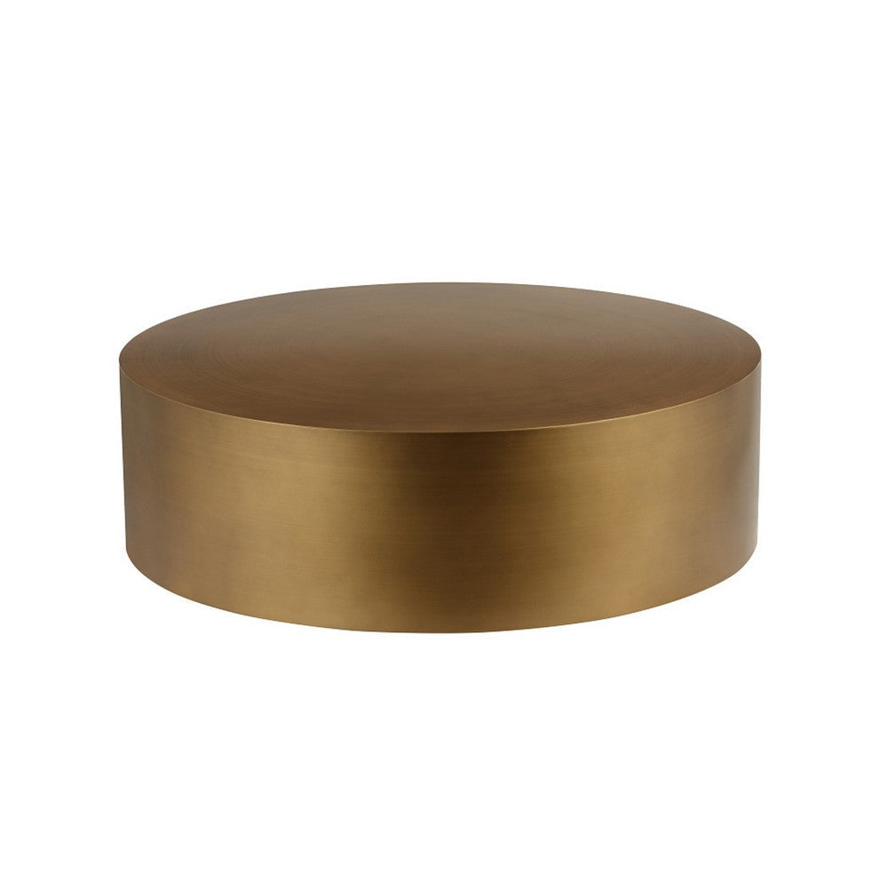 Rano Coffee Table, 40 Inch Round Brass Iron Top, Modern Drum Shape