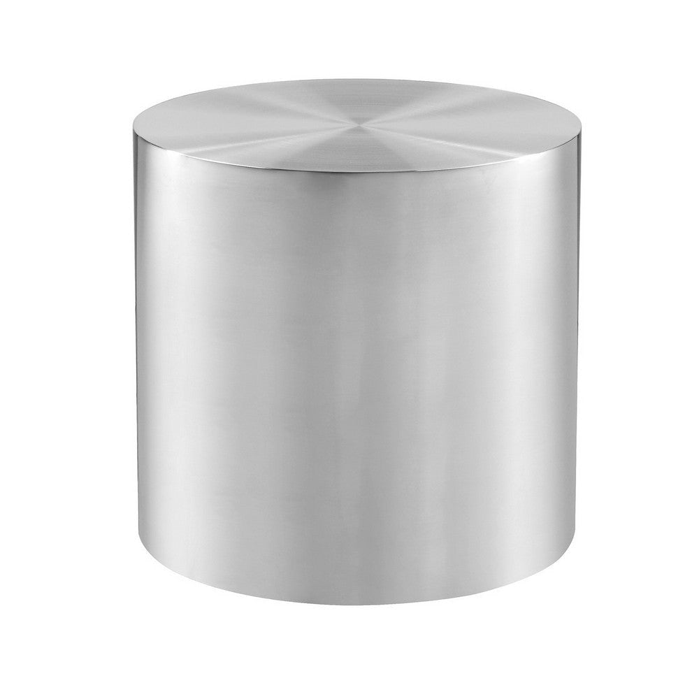 Rano Side End Table, 19 Inch Silver Round Iron Top, Modern Drum Shape