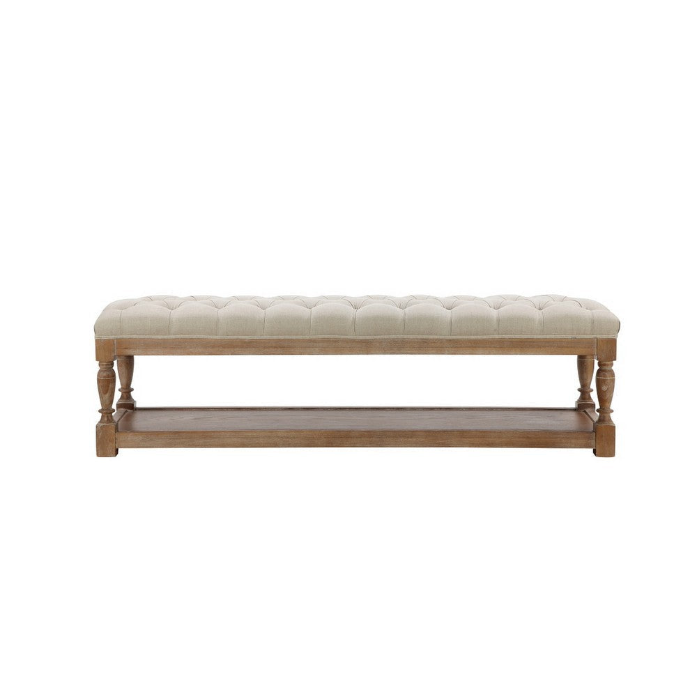 Xena Bench 59 Inch Tufted Padded White Linen Top Solid Wood Base BM331995