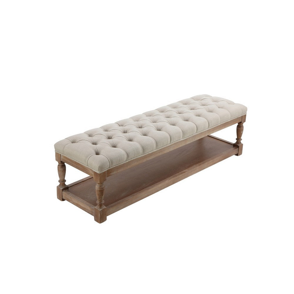 Xena Bench 59 Inch Tufted Padded White Linen Top Solid Wood Base BM331995
