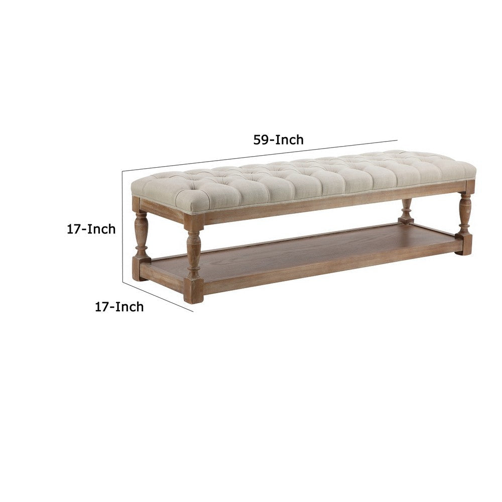 Xena Bench 59 Inch Tufted Padded White Linen Top Solid Wood Base BM331995