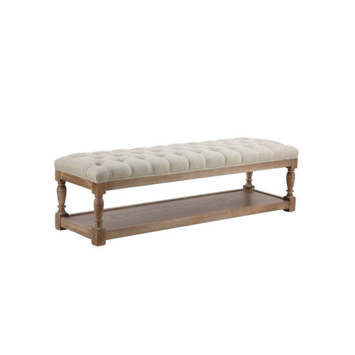Xena Bench, 59 Inch Tufted Padded White Linen Top, Solid Wood Base